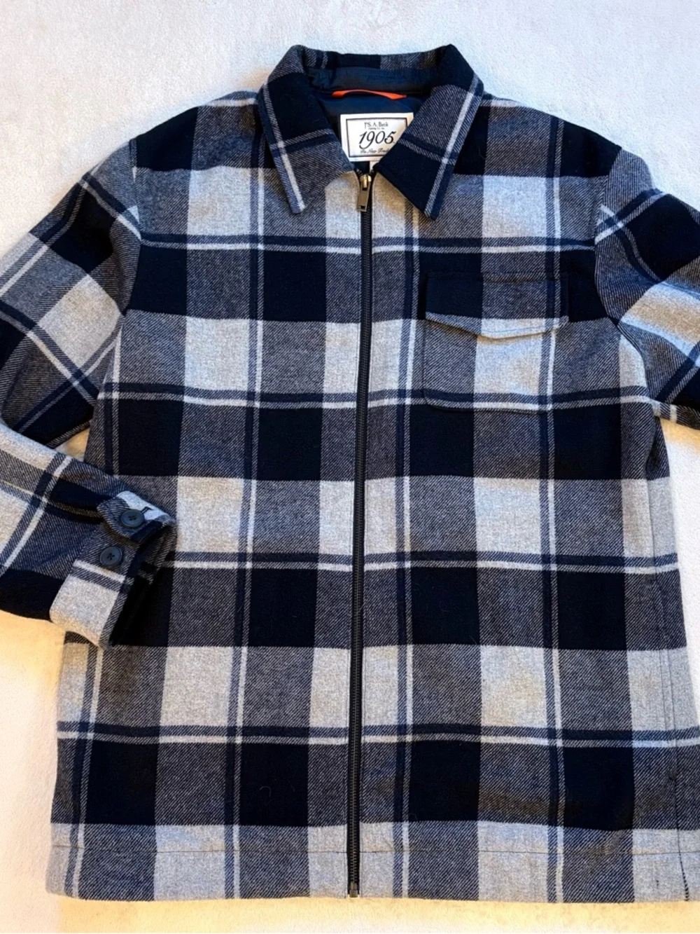 Jos. A. Bank Navy & Gray Plaid Tailored Zip Shirt Jacket Sz M